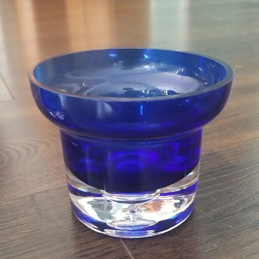 Krosno vintage blown cobalt blue glass candle holder controlled bubble.